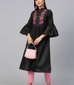 Black Embroidered Cotton Blend Straight Kurta