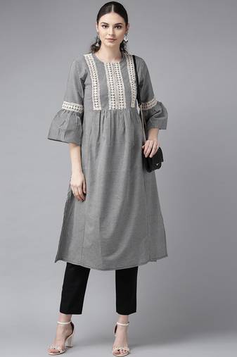 Black Checked Cotton Blend A-Line Kurta