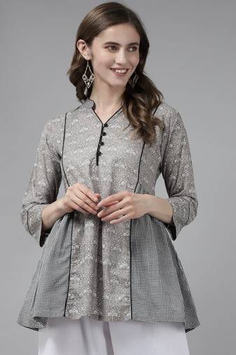 Grey Print Cotton Blend Tunic