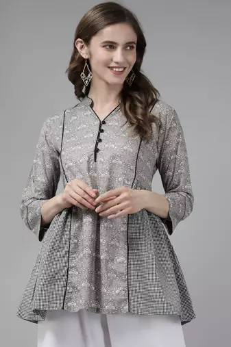 Grey Print Cotton Blend Tunic