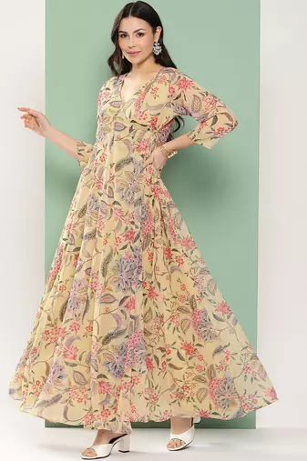 Yellow Print Georgette Flared Dress