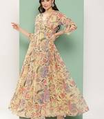 Yellow Print Georgette Flared Dress