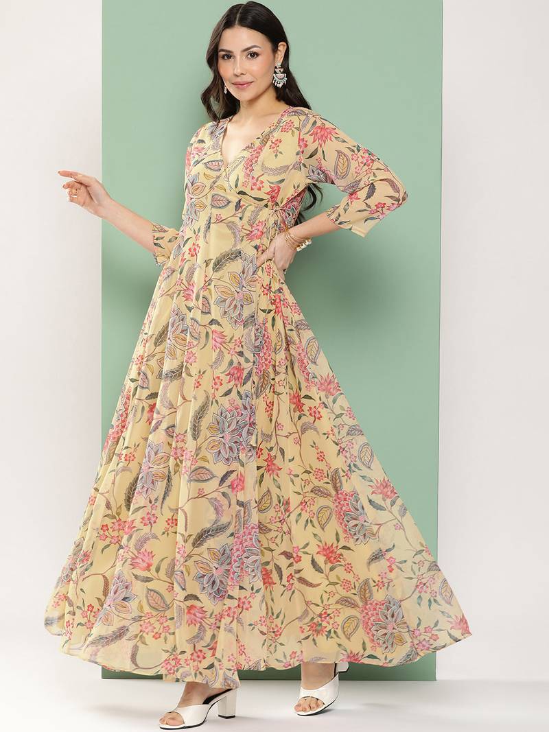 Yellow Print Georgette Flared Dress