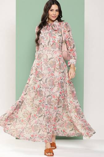 Off-White Print Georgette Flared Dress