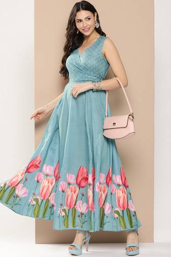 Turquoise Print Cotton Flared Dress