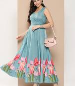 Turquoise Print Cotton Flared Dress