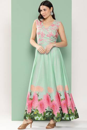 Turquoise Print Cotton Flared Dress
