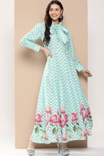 Turquoise Print Cotton Flared Dress
