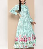 Turquoise Print Cotton Flared Dress