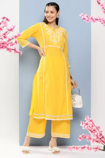 Yellow Lace Detail Cotton Blend Kurta Set