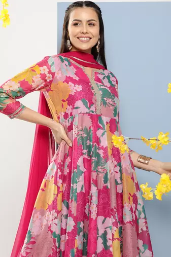 Pink Print Cotton Blend Kurta Set