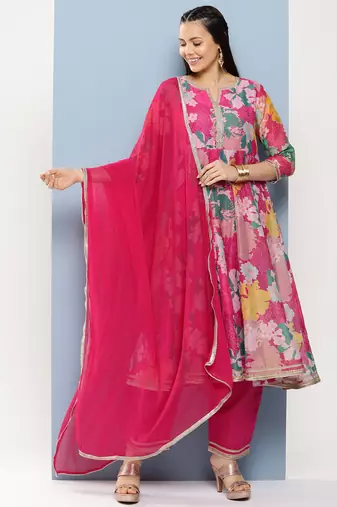 Pink Print Cotton Blend Kurta Set
