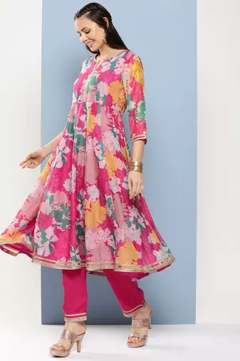 Pink Print Cotton Blend Kurta Set