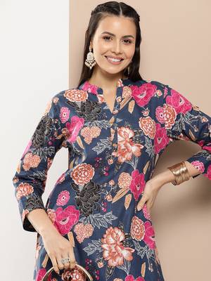 Blue Print Cotton Blend Straight Kurta Set 1