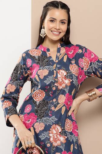 Blue Print Cotton Blend Straight Kurta Set
