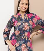 Blue Print Cotton Blend Straight Kurta Set