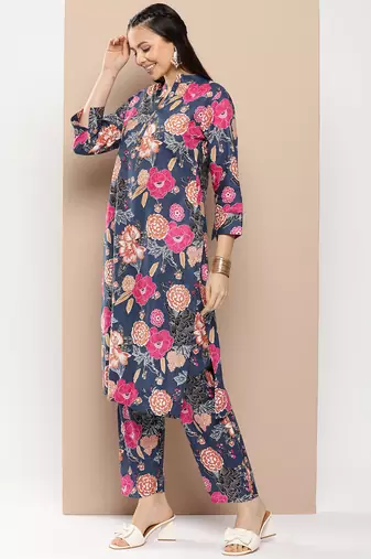 Blue Print Cotton Blend Straight Kurta Set