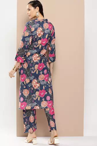 Blue Print Cotton Blend Straight Kurta Set