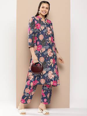 Blue Print Cotton Blend Straight Kurta Set 5