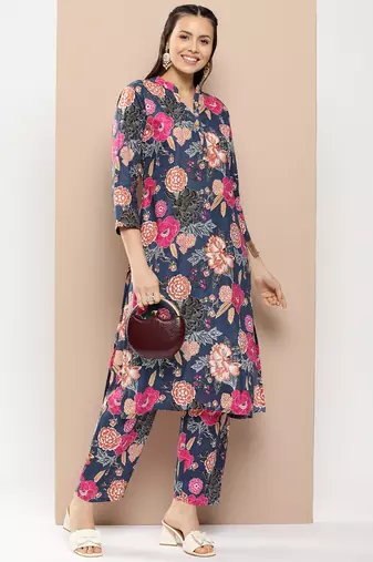 Blue Print Cotton Blend Straight Kurta Set