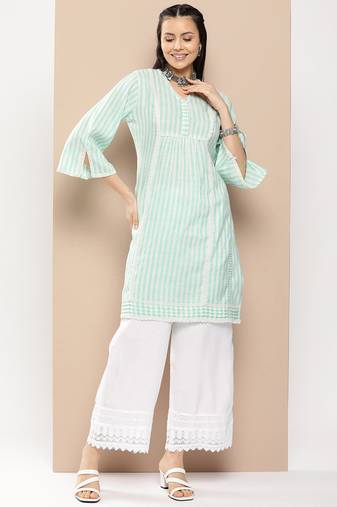 Green Lace Detail Cotton Blend Kurta Set