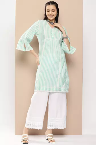 Green Lace Detail Cotton Blend Kurta Set
