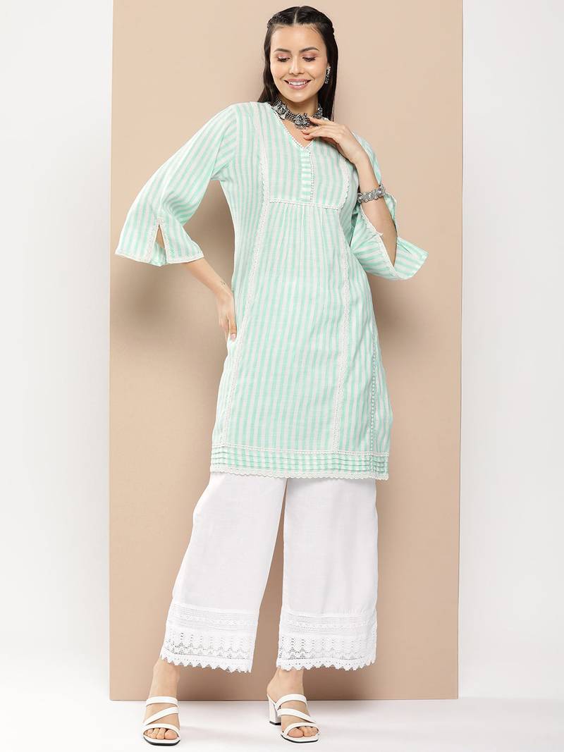 Green Lace Detail Cotton Blend Kurta Set