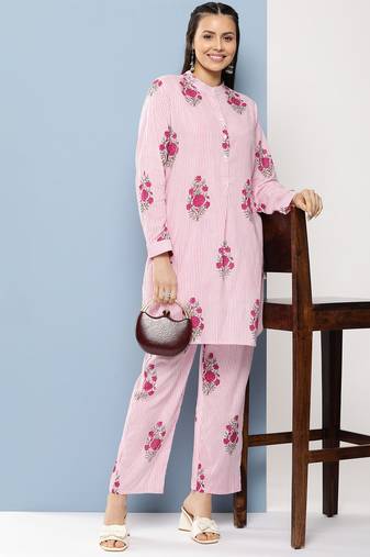 Pink Print Cotton Blend Kurta Set