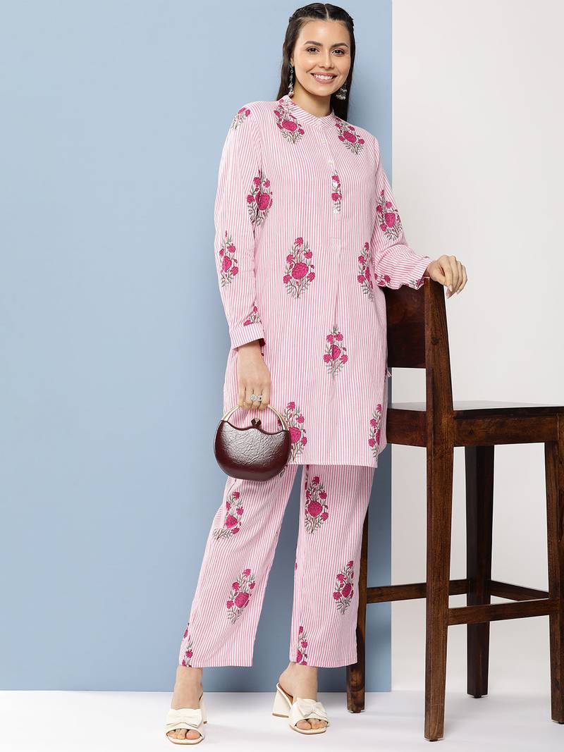 Pink Print Cotton Blend Kurta Set