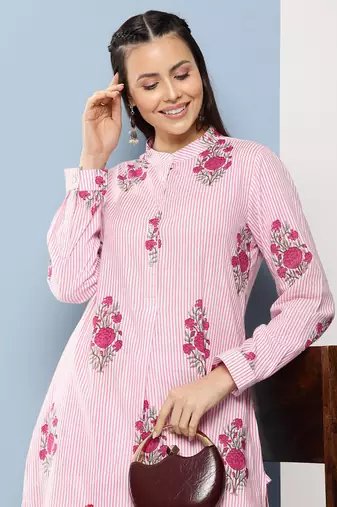 Pink Print Cotton Blend Kurta Set