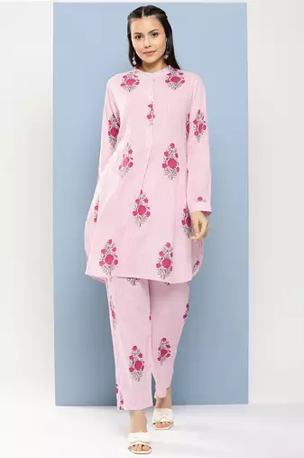Pink Print Cotton Blend Kurta Set