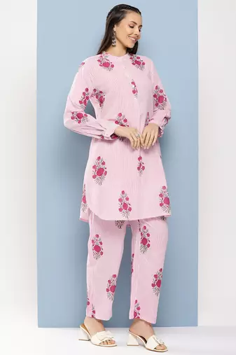 Pink Print Cotton Blend Kurta Set