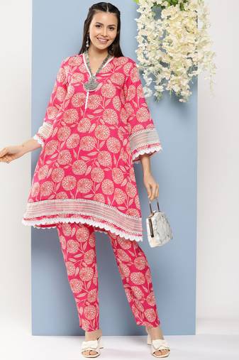 Pink Print Cotton Blend Kurta Set