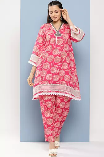 Pink Print Cotton Blend Kurta Set