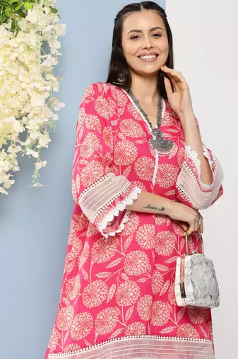 Pink Print Cotton Blend Kurta Set