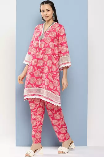 Pink Print Cotton Blend Kurta Set