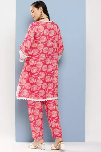 Pink Print Cotton Blend Kurta Set
