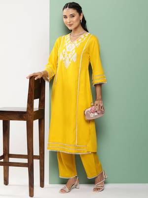 Mustard Embroidered Cotton Blend Straight Kurta Set 1