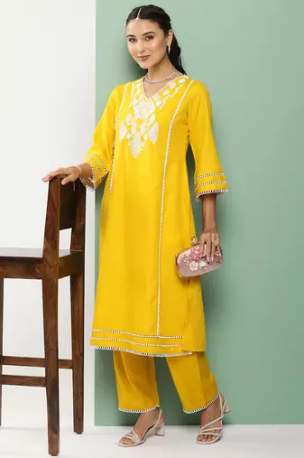 Mustard Embroidered Cotton Blend Straight Kurta Set