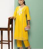 Mustard Embroidered Cotton Blend Straight Kurta Set