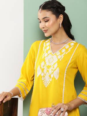 Mustard Embroidered Cotton Blend Straight Kurta Set 2