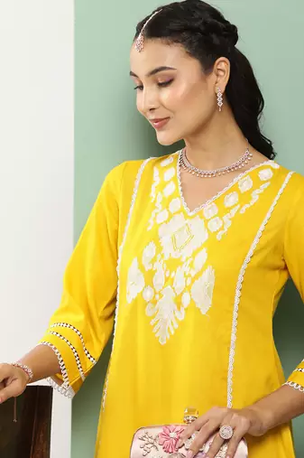 Mustard Embroidered Cotton Blend Straight Kurta Set
