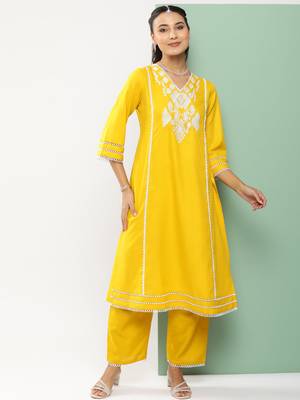 Mustard Embroidered Cotton Blend Straight Kurta Set 3
