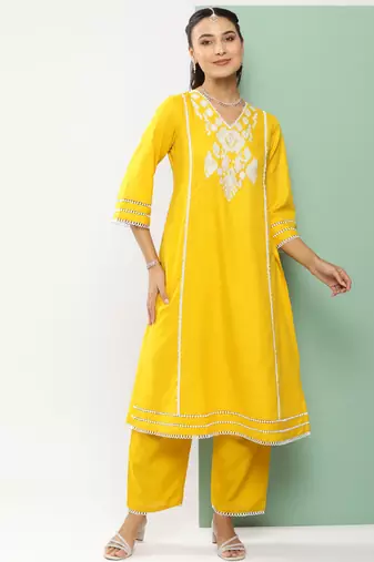 Mustard Embroidered Cotton Blend Straight Kurta Set