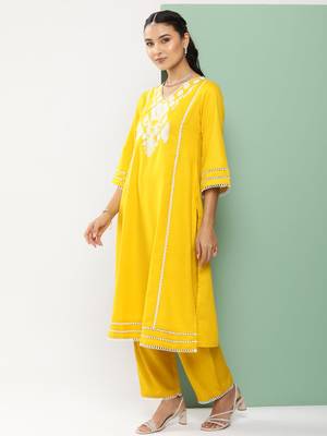 Mustard Embroidered Cotton Blend Straight Kurta Set 4