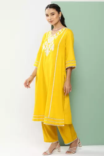 Mustard Embroidered Cotton Blend Straight Kurta Set