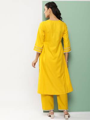 Mustard Embroidered Cotton Blend Straight Kurta Set 5