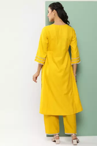 Mustard Embroidered Cotton Blend Straight Kurta Set