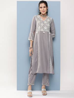 Grey Embroidered Cotton Blend A-Line Kurta Set 1