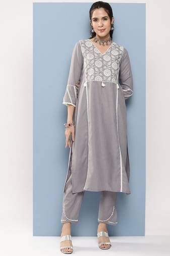 Grey Embroidered Cotton Blend A-Line Kurta Set